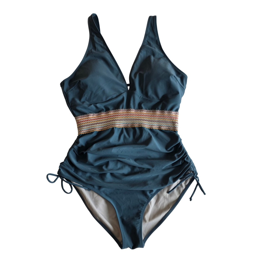 Blooming Jelly Women's Swimsuit Tummy Control XL Blue Ruched V-Neck Crochet